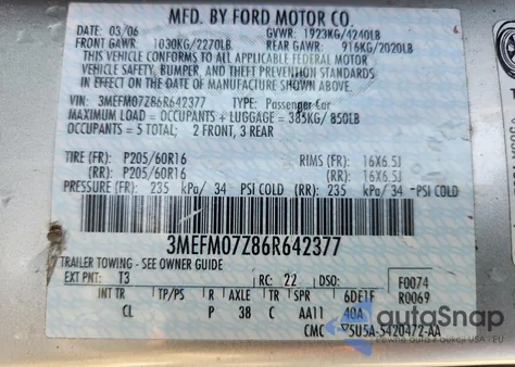 2006 Mercury Milan из США, поврежденный, VIN 3MEFM07Z86R642377